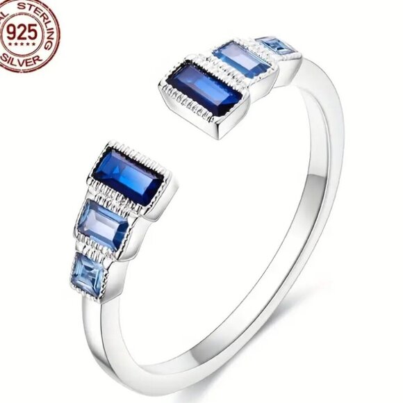 Modern Sapphire Stones Sterling Silver Sz 7 Adjustable Open Top Cuff Ring NWT - Picture 1 of 5